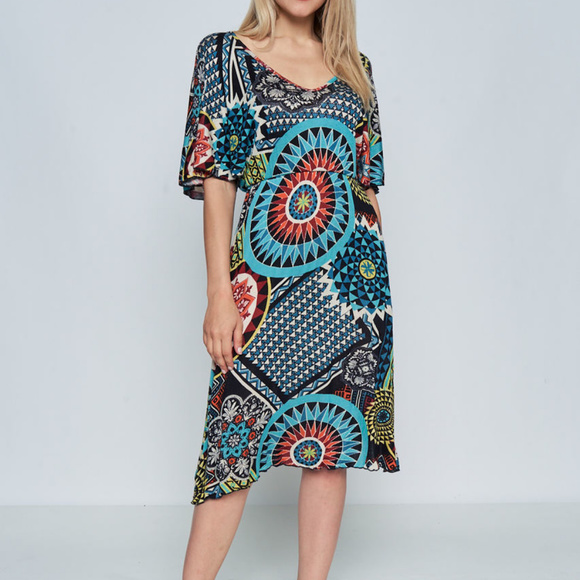 1/2SLEEVE V-NECK ELASTIC WAIST DRESS - Picture 2 of 4